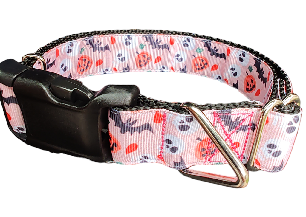 Spooky friends Halloween dog collar on nylon webbing – detail view