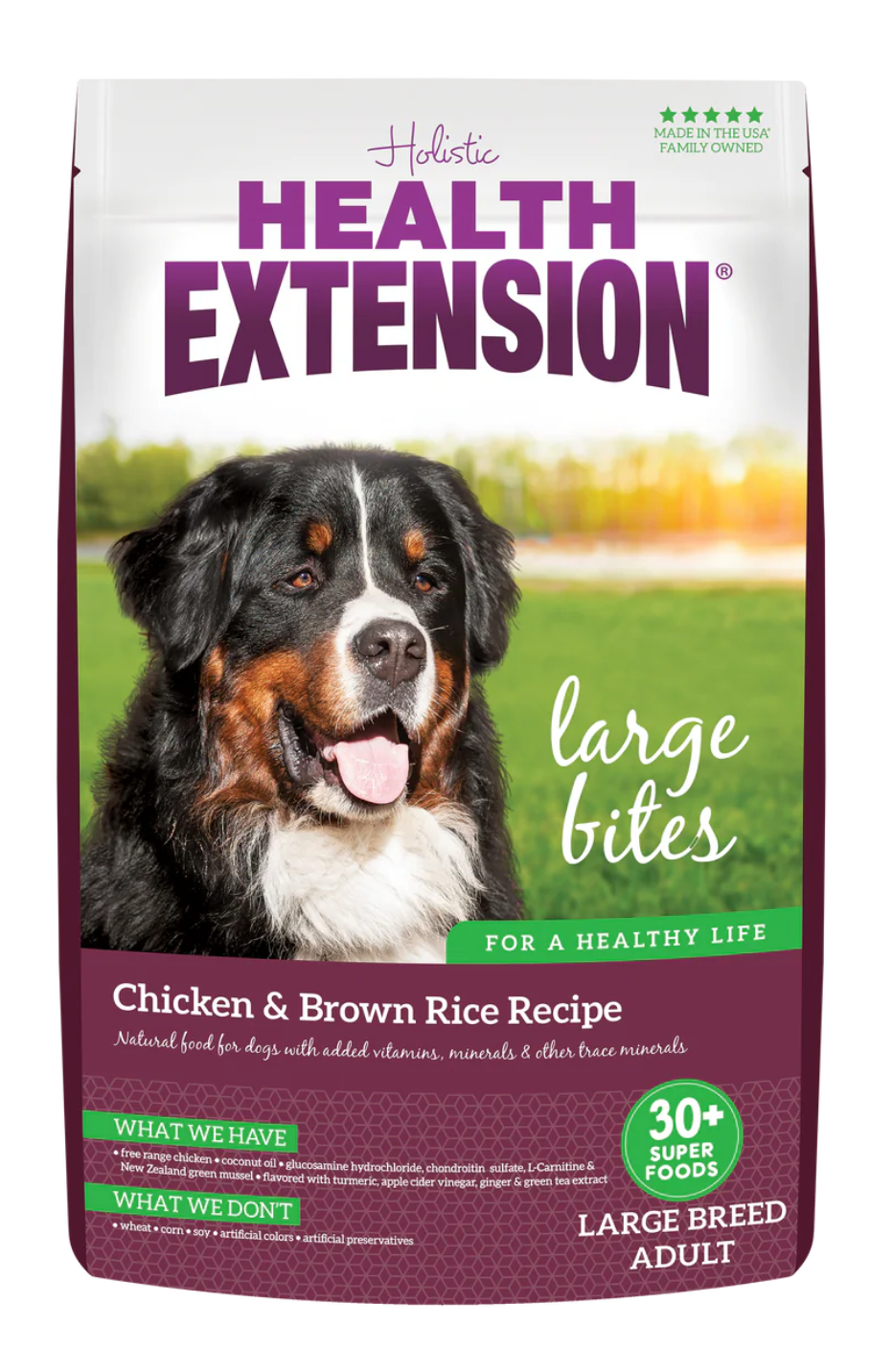 Health Extension Large Bites Chicken & Brown Rice Dog Food – 30lb, All Life Stages – front view