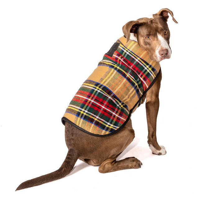 Tan Tartan Plaid Blanket Dog Coat Fleece Lined with Harness Hole – photo 3 of 5
