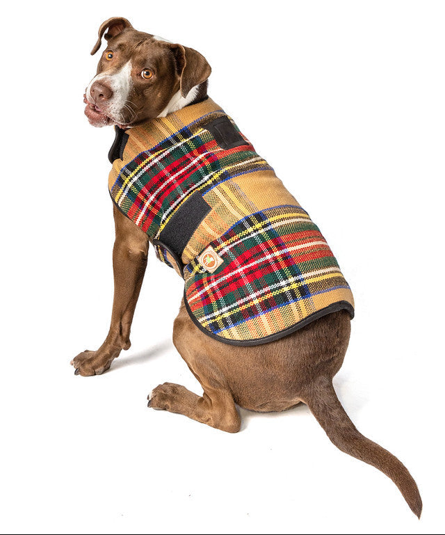 Tan Tartan Plaid Blanket Dog Coat Fleece Lined with Harness Hole – photo 4 of 5