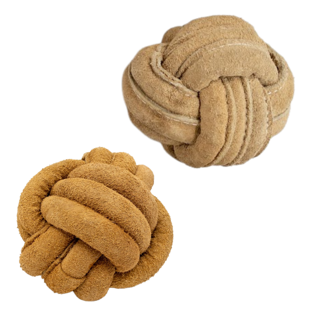 Huggle-Hide Natural Leather Ball Dog Toy 2 Pack, side view