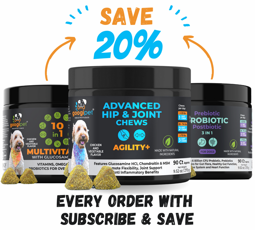 Googipet supplement jars subscribe and save 20 percent promotion graphic