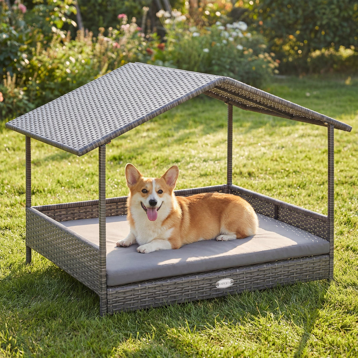 Wicker Dog House Elevated PE Rattan Bed with Canopy Gray – photo 2 of 8