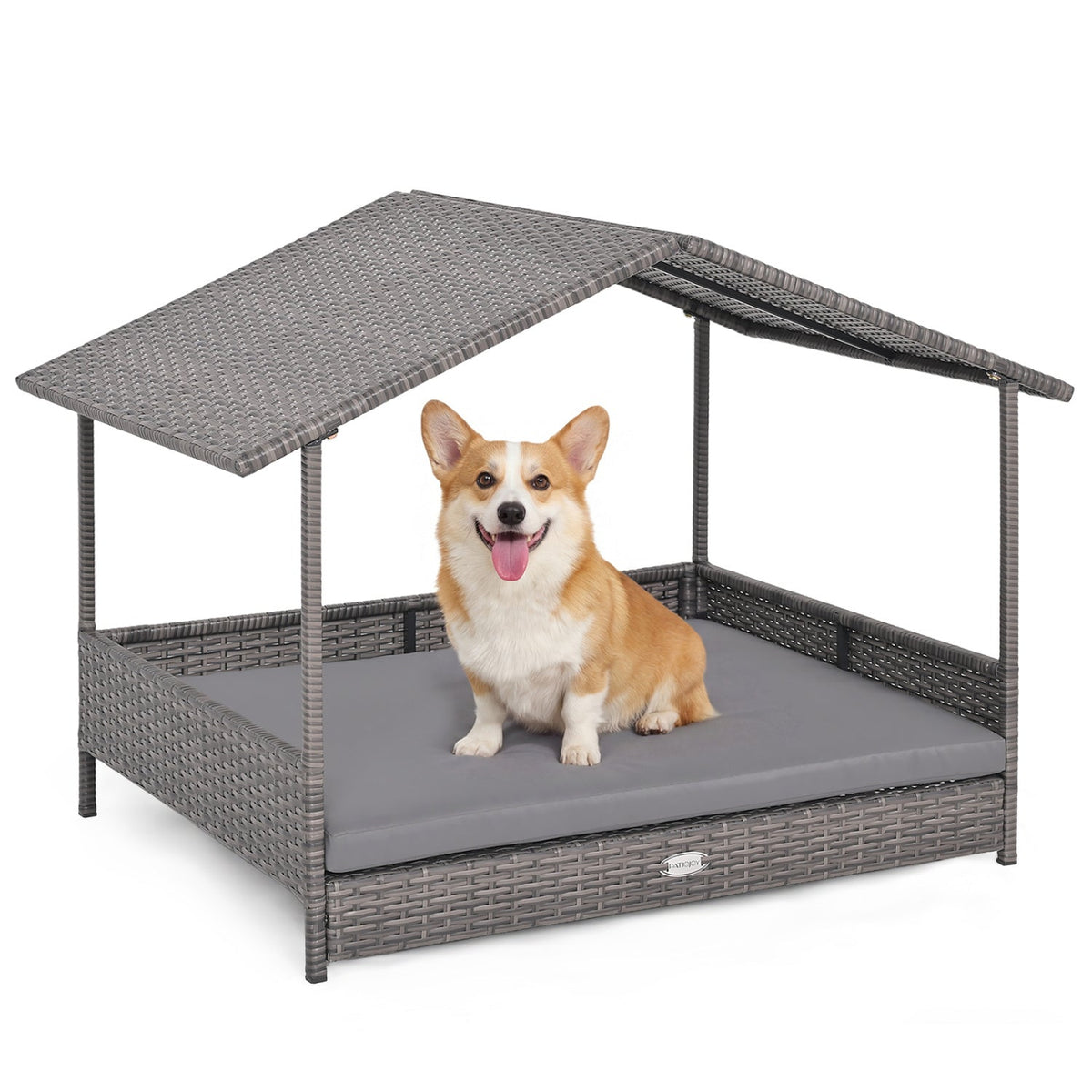 Wicker Dog House Elevated PE Rattan Bed with Canopy Gray – photo 1 of 8