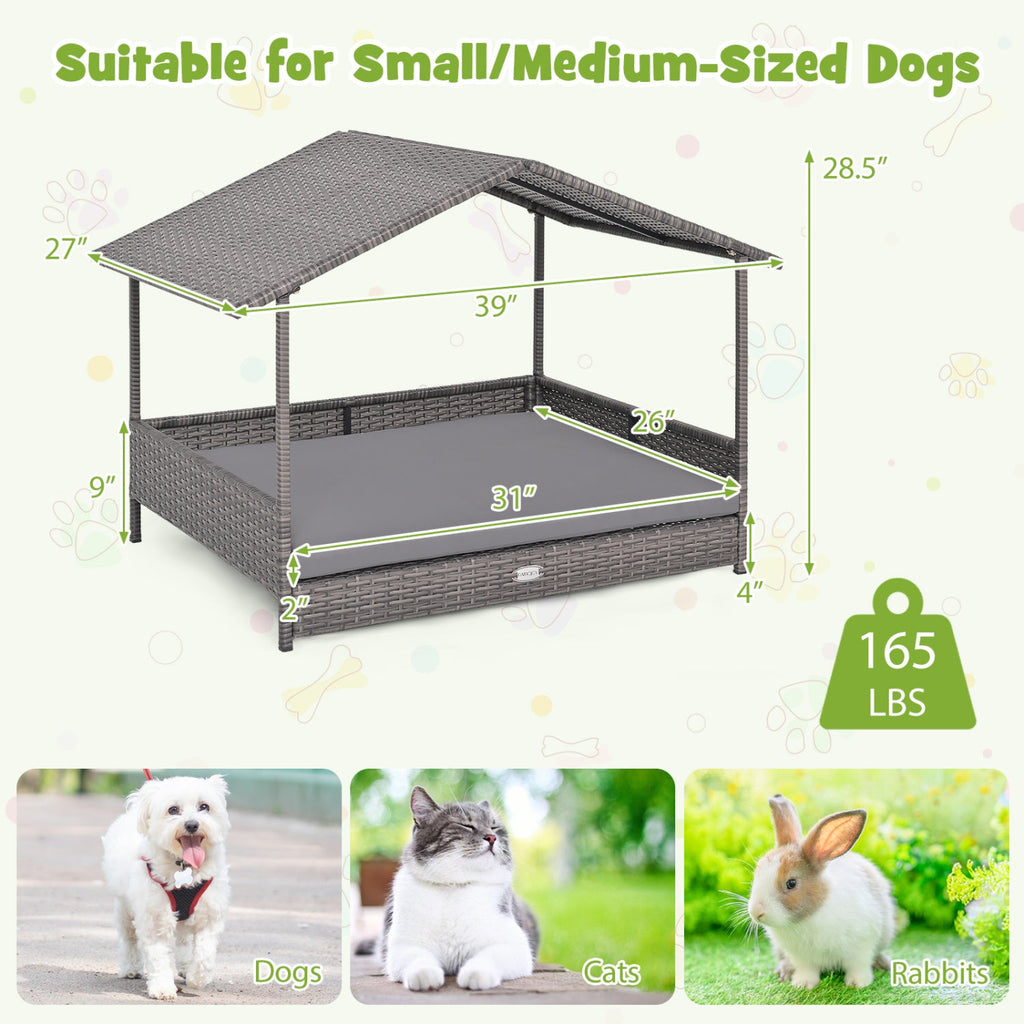 Wicker Dog House Elevated PE Rattan Bed with Canopy Gray – photo 3 of 8