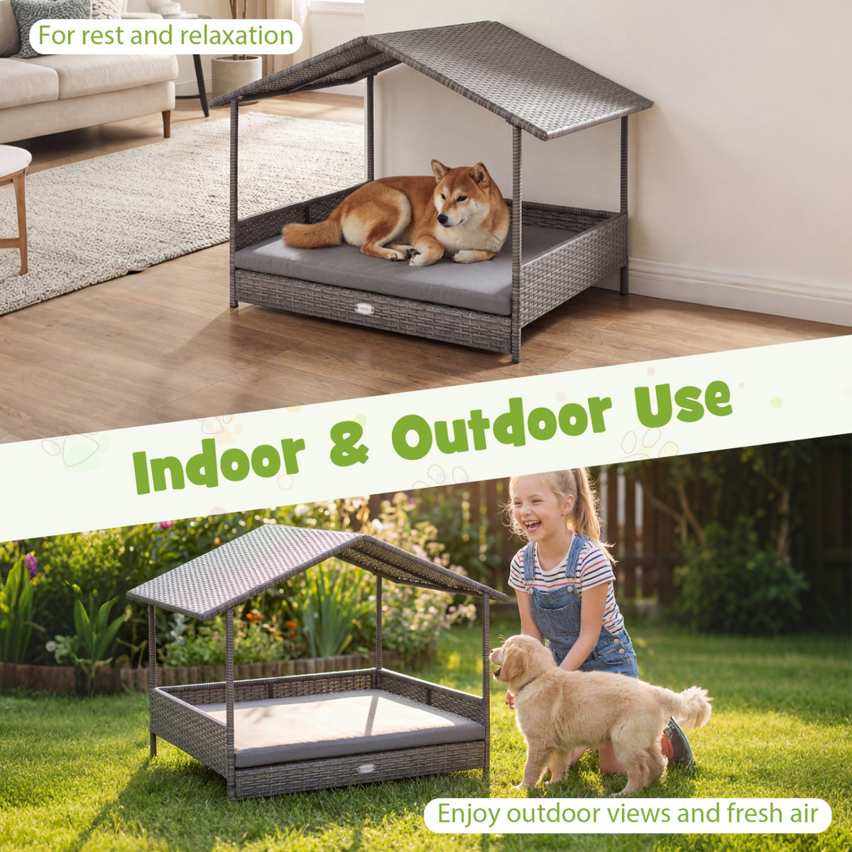 Wicker Dog House Elevated PE Rattan Bed with Canopy Gray – photo 4 of 8