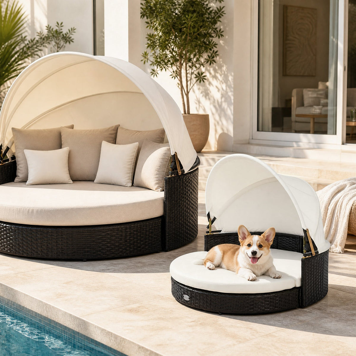 Wicker Dog House with Retractable Canopy and Cushion – photo 2 of 8