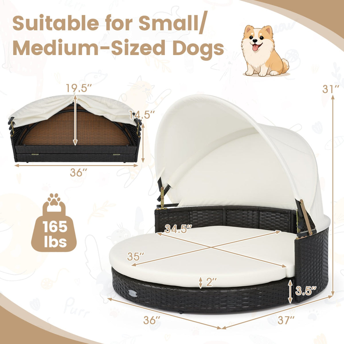 Wicker Dog House with Retractable Canopy and Cushion – photo 5 of 8