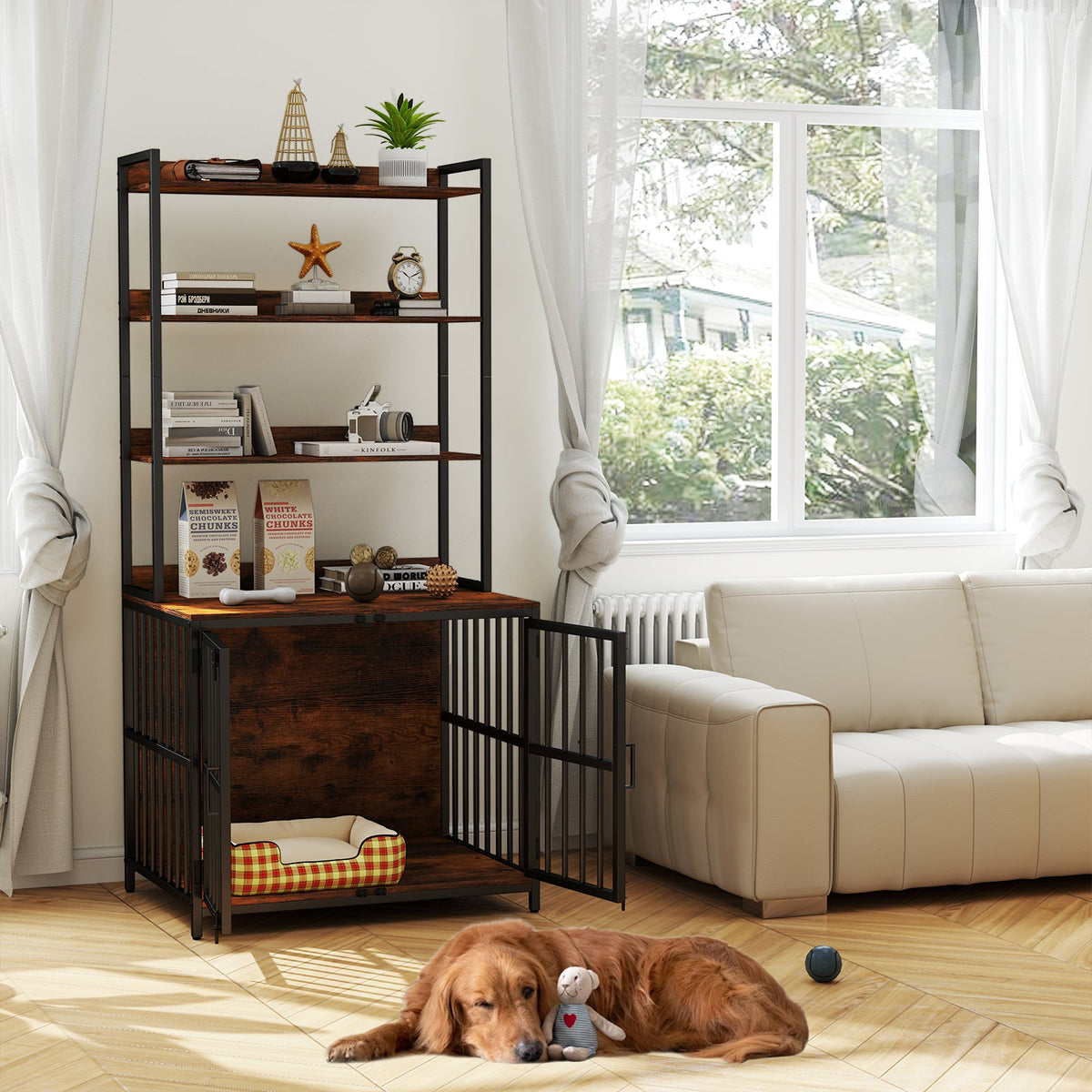 Wooden Dog Crate Furniture with Storage Shelves Rustic Brown – photo 1 of 8