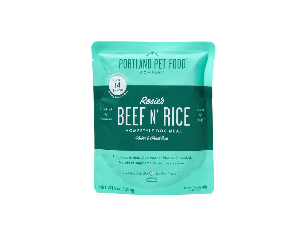 Rosie's Beef & Rice Human Grade Fresh Wet Dog Food Pouches – front view
