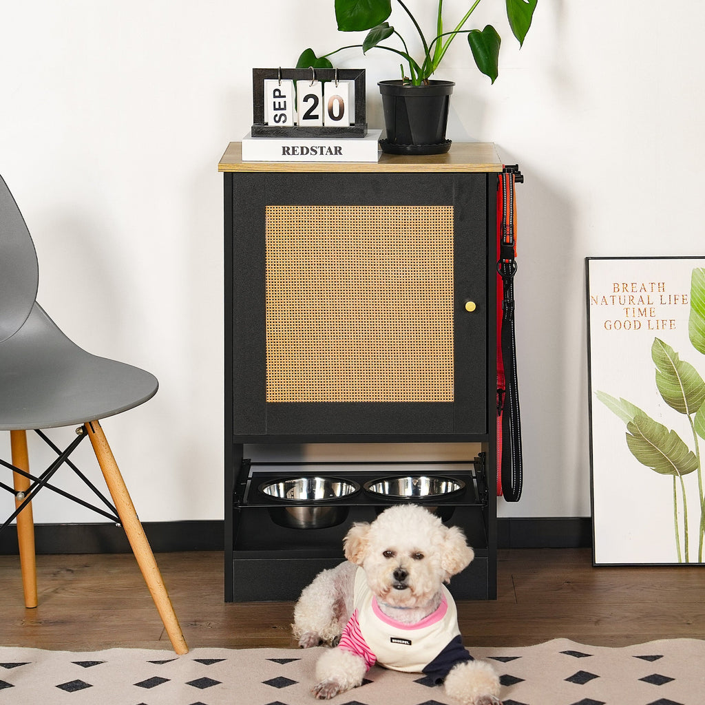 Pet Feeding Station with Storage Cabinet, 2 Elevated Bowls & Side Hooks – Black – alternate view 2