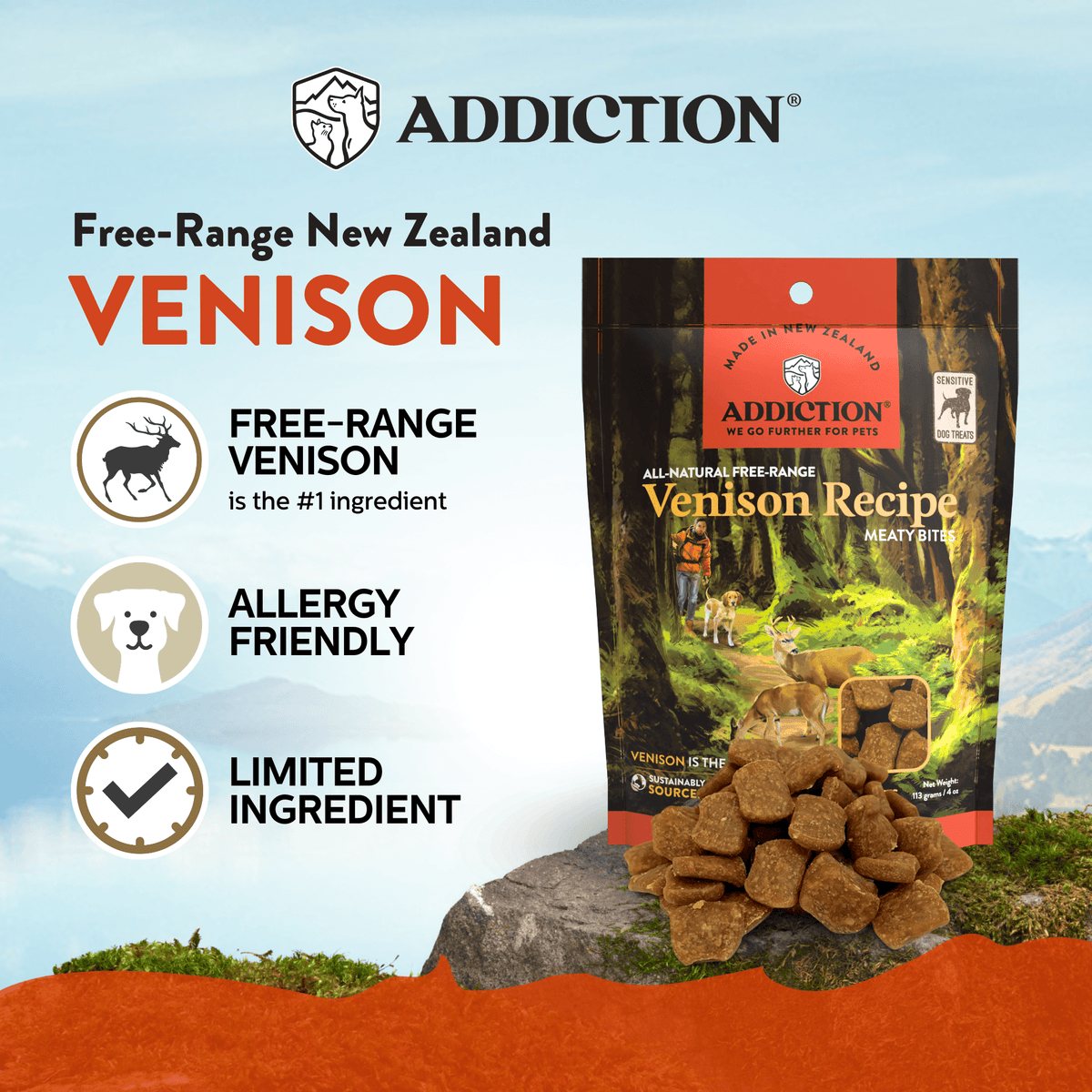 Free-range New Zealand venison highlight graphic with Venison Recipe Meaty Bites treats pouch