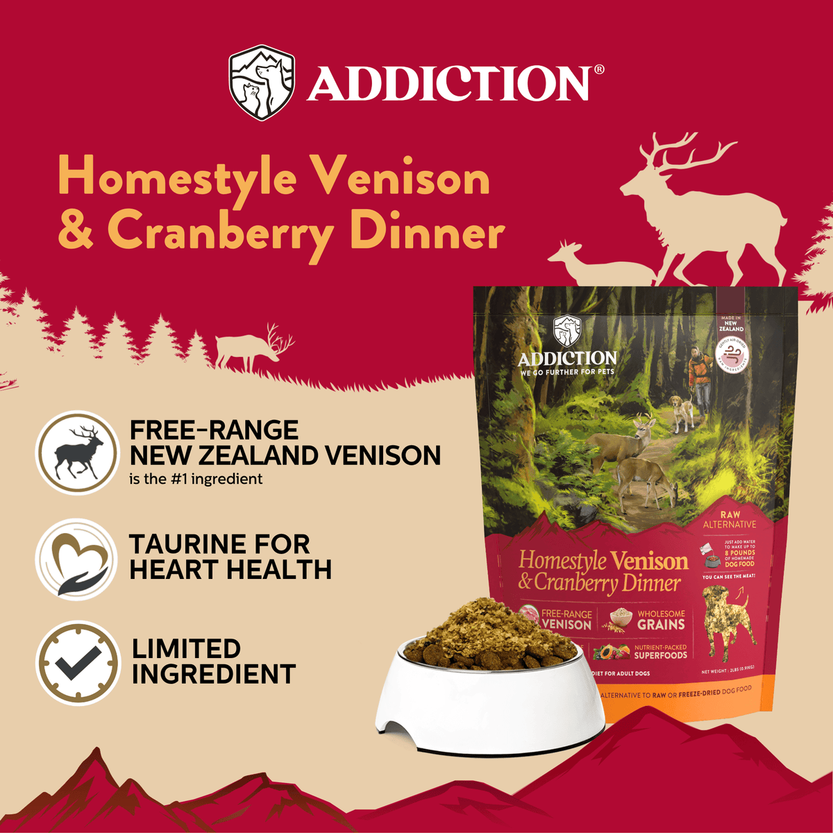 Homestyle Venison and Cranberry Dinner key benefits graphic with bowl of air-dried food