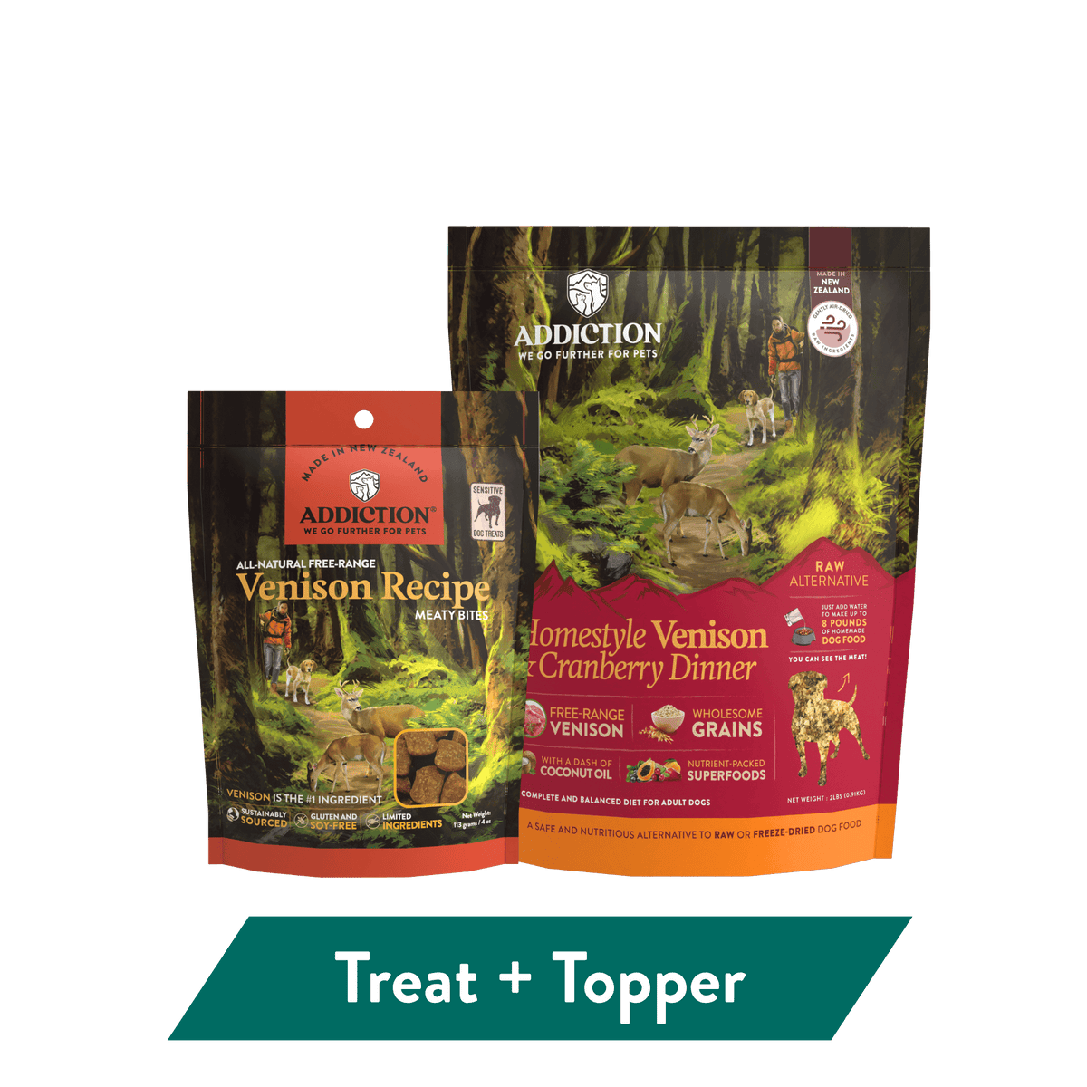 Addiction venison dog food and treats bundle: Homestyle Venison and Cranberry Dinner bag with Venison Recipe Meaty Bites treats