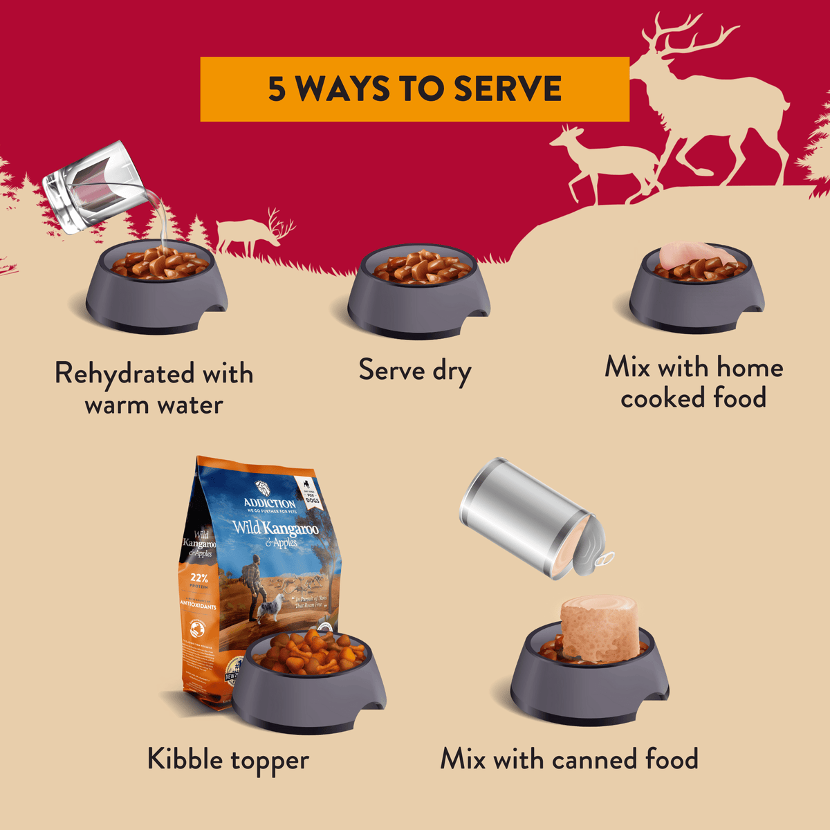 Five ways to serve Addiction air-dried dog food infographic