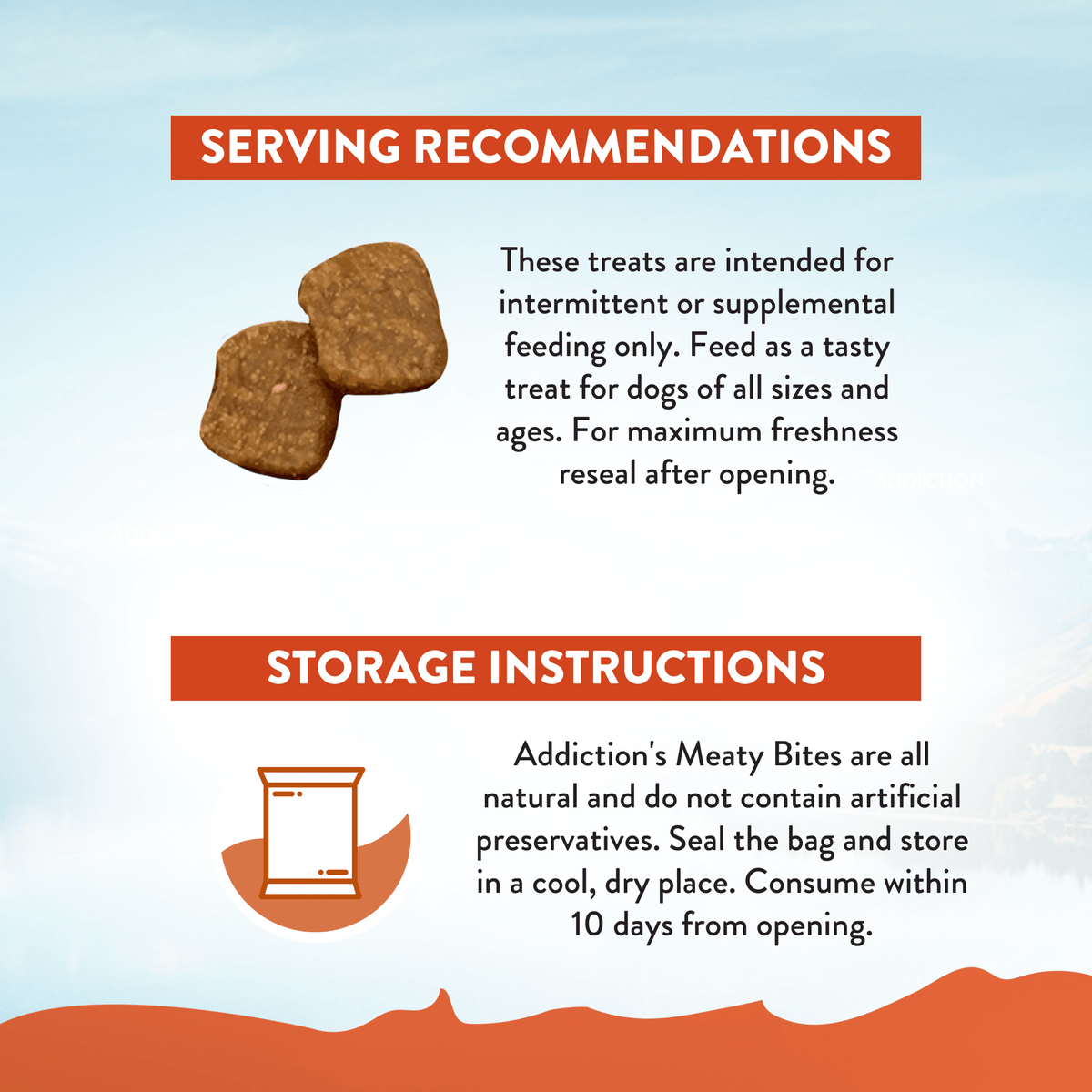 Venison Meaty Bites treats serving recommendations and storage instructions