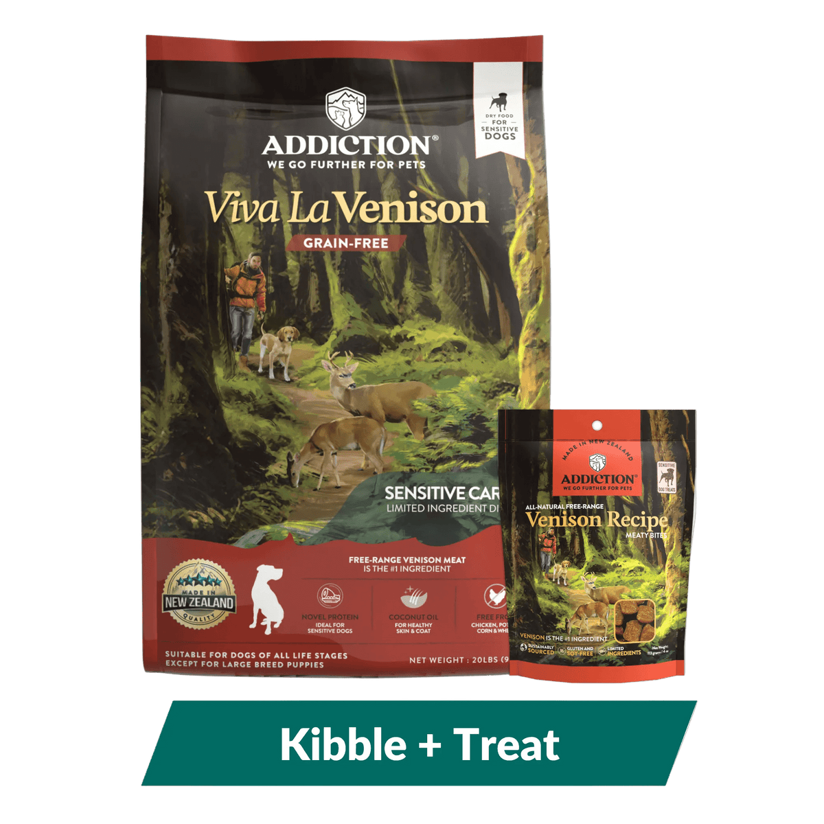 Addiction Viva La Venison 20 pound kibble bag and Venison Meaty Bites treats bundle