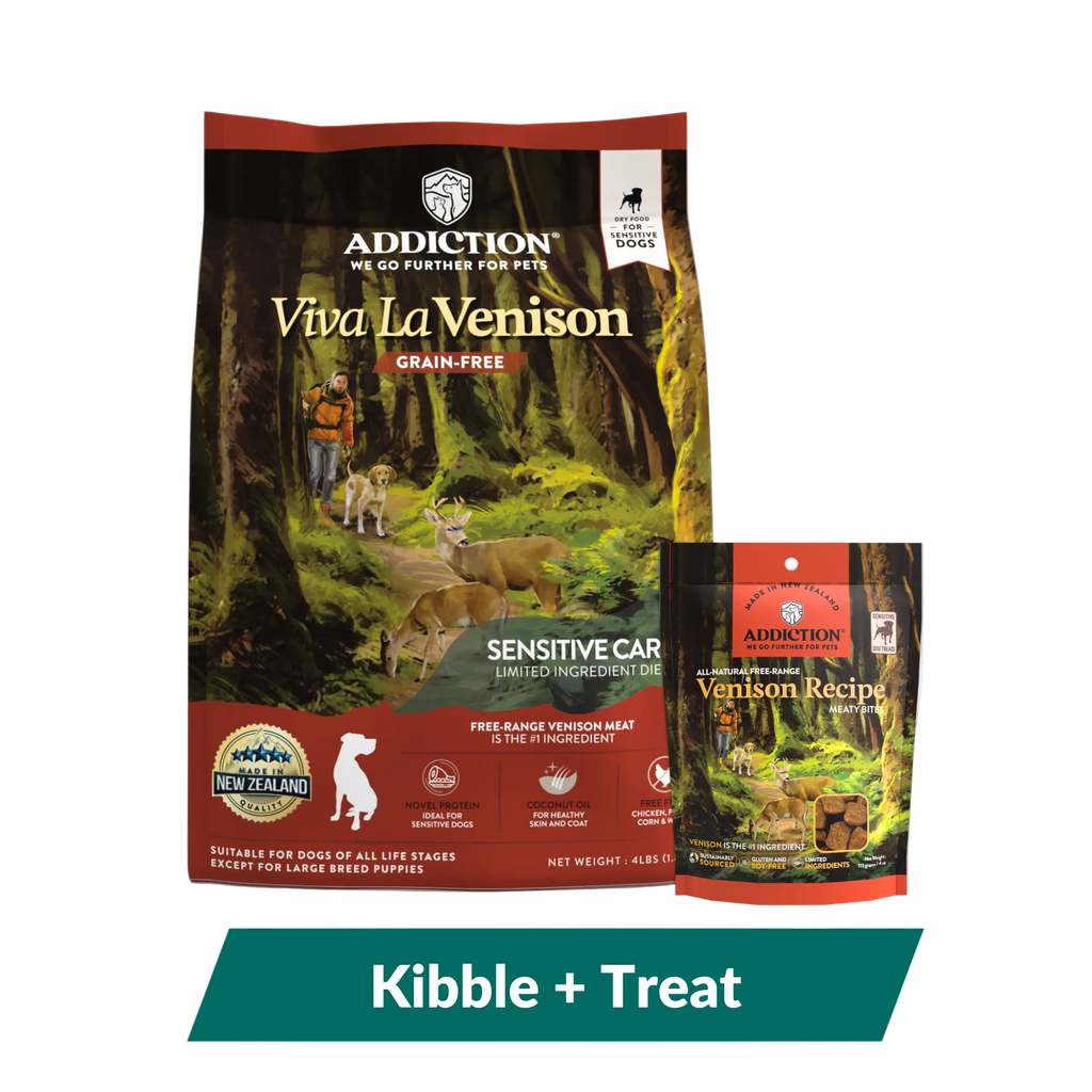 Addiction Viva La Venison kibble bag and Venison Recipe Meaty Bites treats bundle