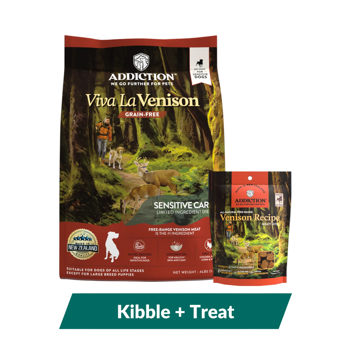 Addiction Viva La Venison kibble bag and Venison Recipe Meaty Bites treats bundle
