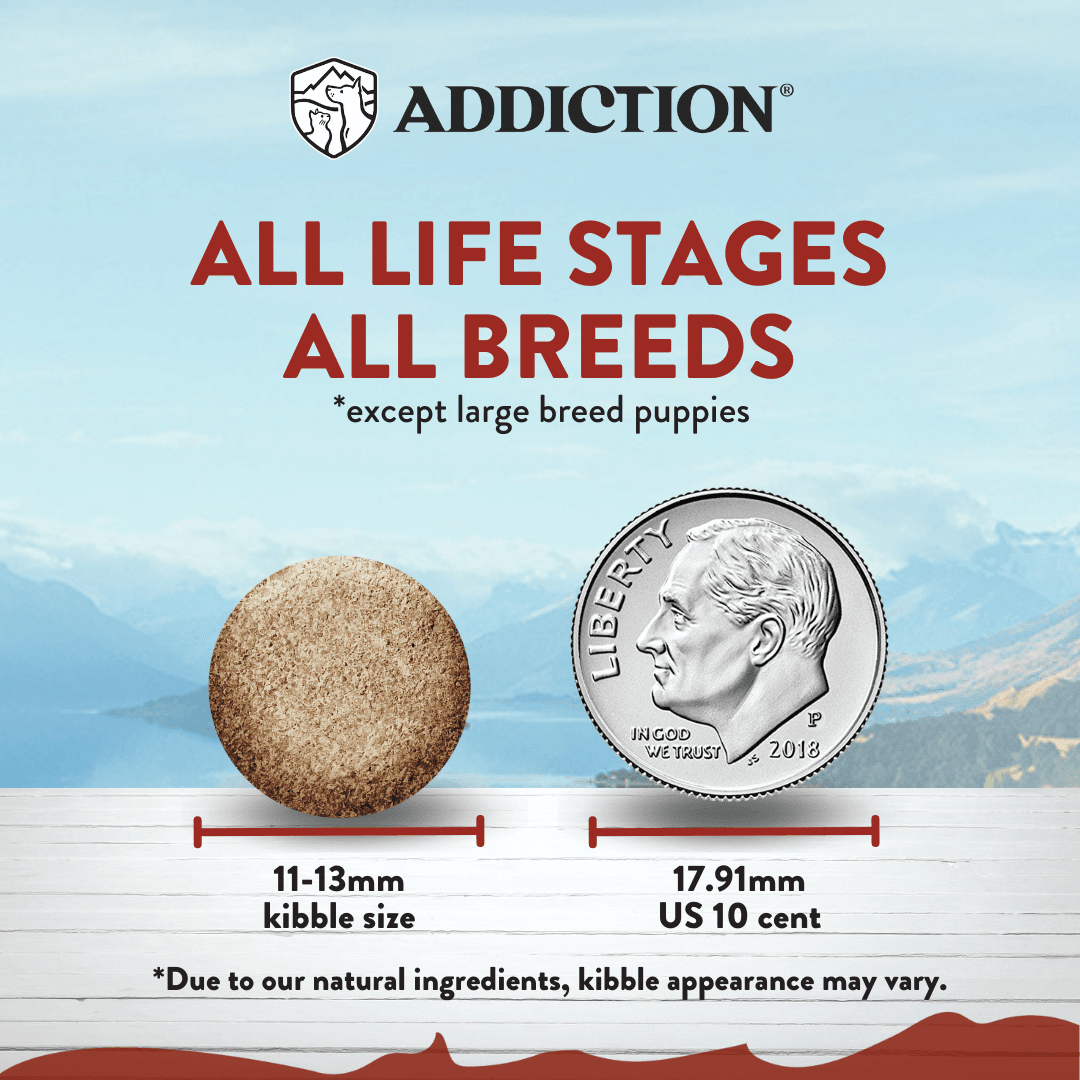 Viva La Venison kibble size comparison graphic, all life stages except large breed puppies