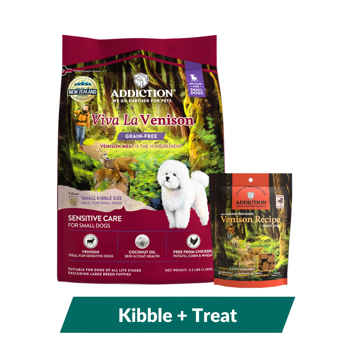 Viva La Venison dog food and treats bundle package front