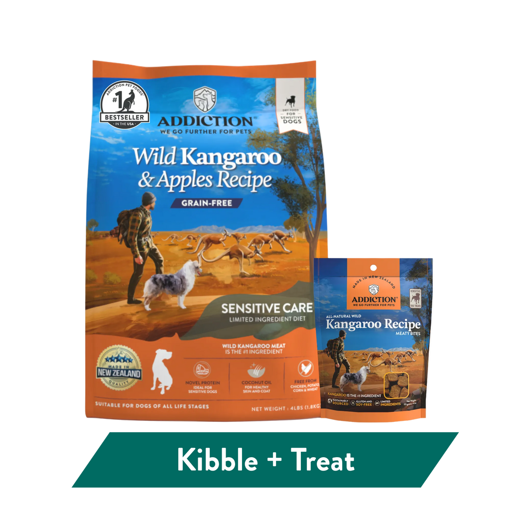 Addiction Wild Kangaroo Dry Dog Food & Meaty Bites Dog Treats Bundle – front view