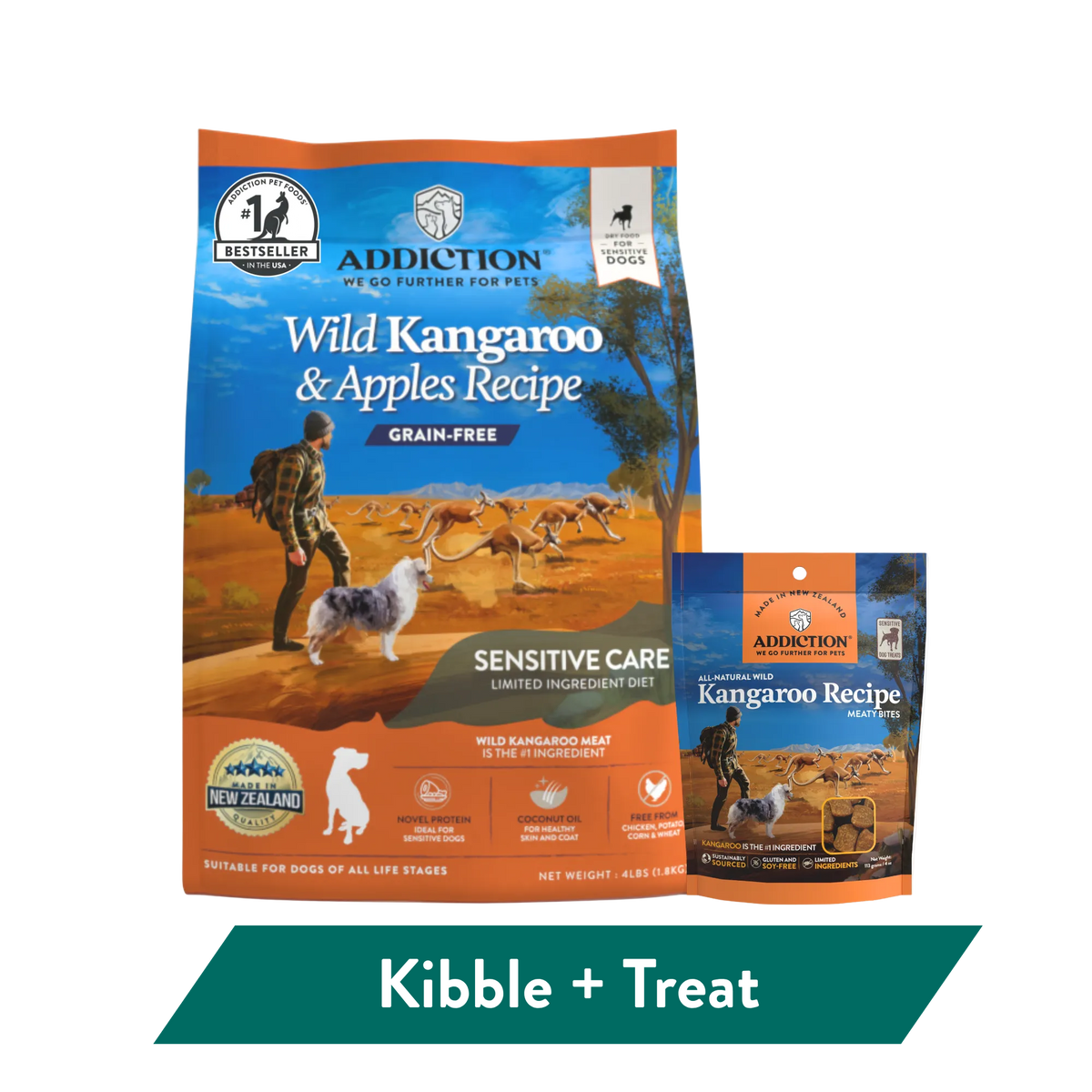 Addiction Wild Kangaroo Dry Dog Food & Meaty Bites Dog Treats Bundle – front view