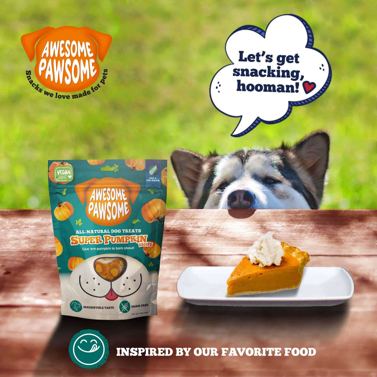 Husky eyeing Super Pumpkin treats next to a pumpkin pie slice, inspired by our favorite food