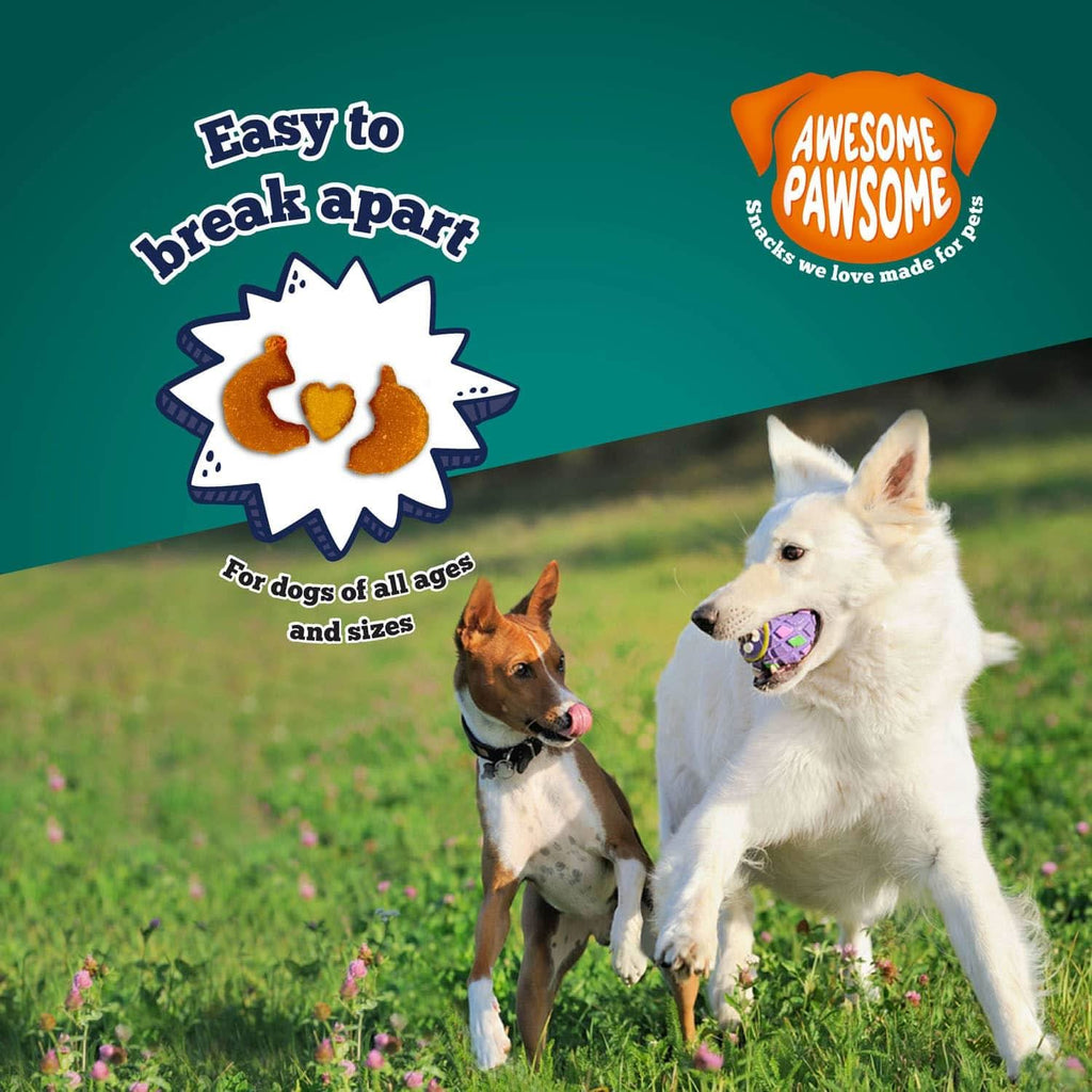 Super Pumpkin treats easy to break apart graphic with two dogs playing in a field