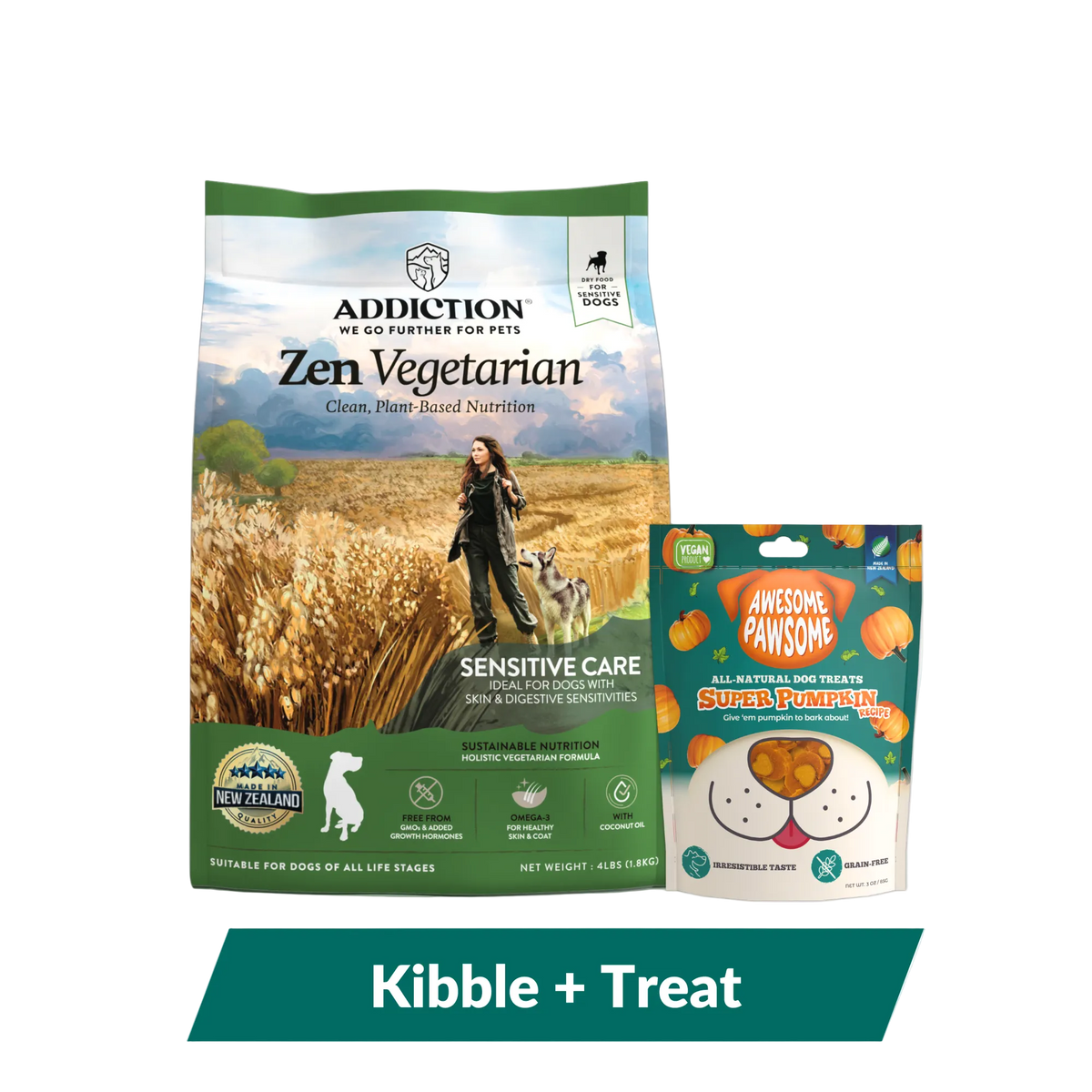 Addiction Zen Vegetarian kibble and Awesome Pawsome Super Pumpkin vegan treats bundle