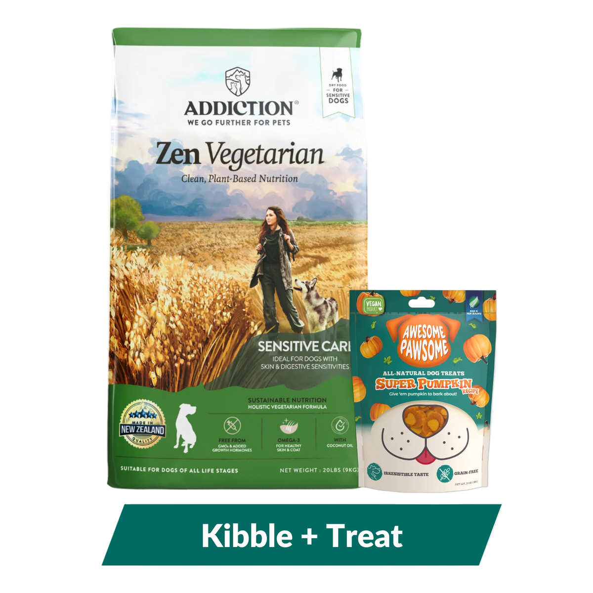 Addiction Zen Vegetarian 20 pound kibble bag and Super Pumpkin treats bundle on black background