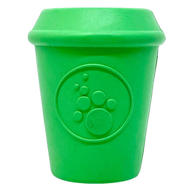 Coffee Cup Rubber Dog Chew Toy – Power Chewers, Treat Dispenser, USA Made – front view