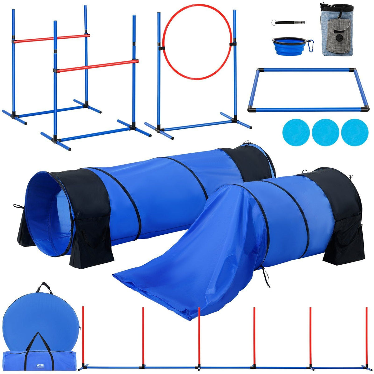 Dog Agility Training Equipment Set – 7 PCS with Hurdles & Tunnels – front view