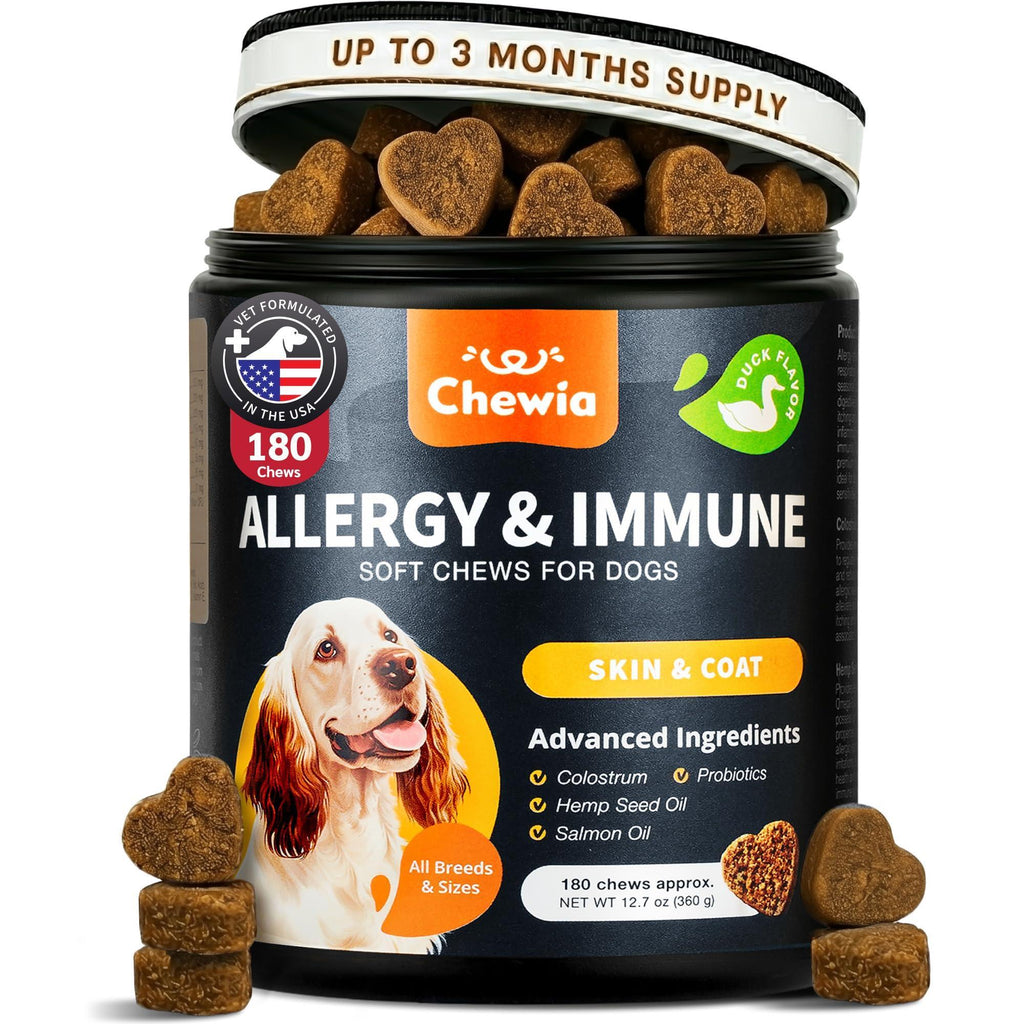 Dog allergy relief chews for itch relief, 180 count, supplement jar front view