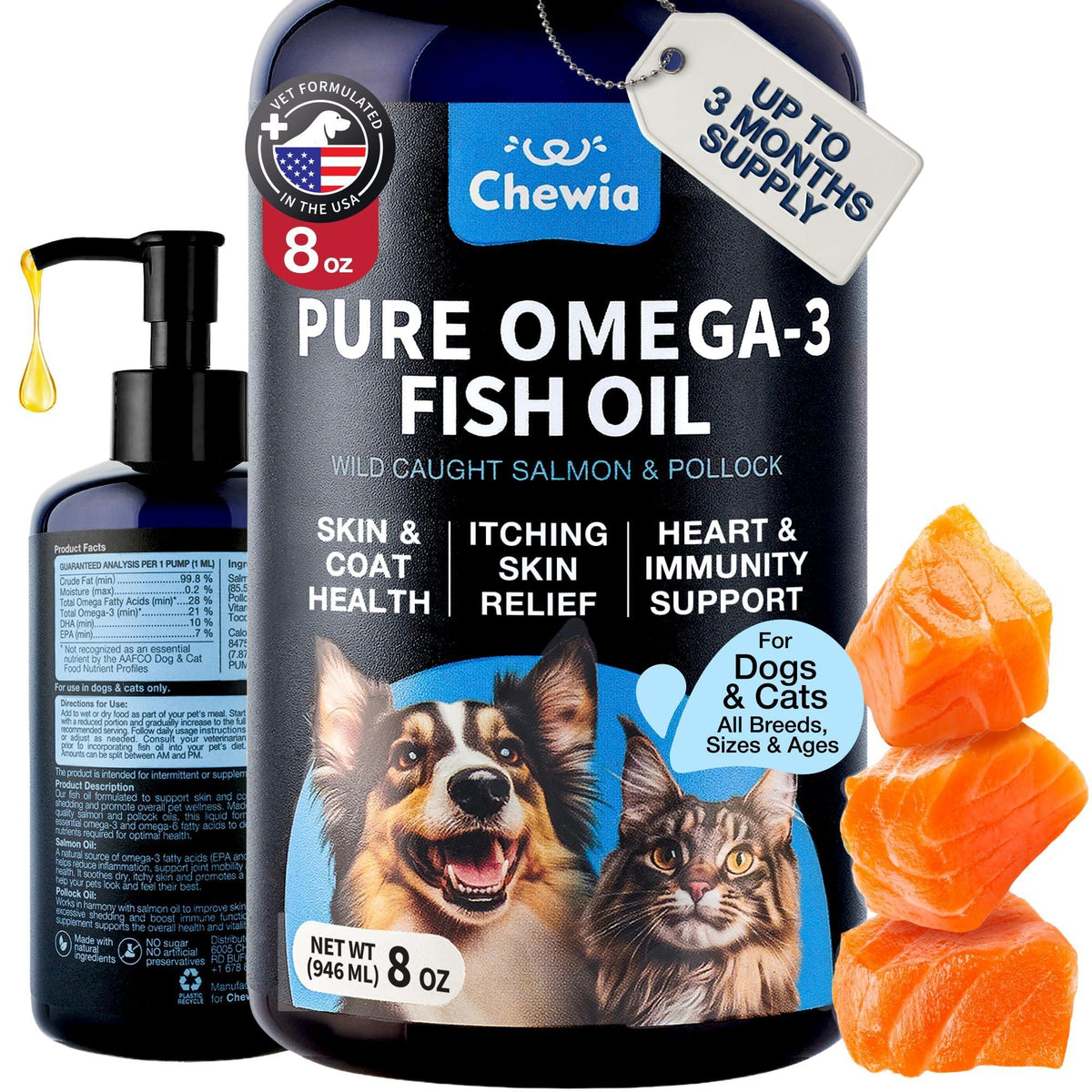 Omega 3 fish oil supplement for dogs and cats, pump bottle front view