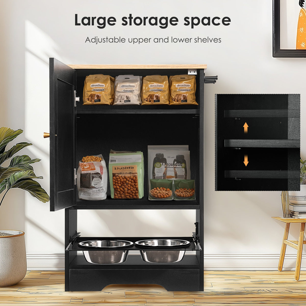 Pet Feeding Station with Storage Cabinet, 2 Elevated Bowls & Side Hooks – Black – alternate view 5