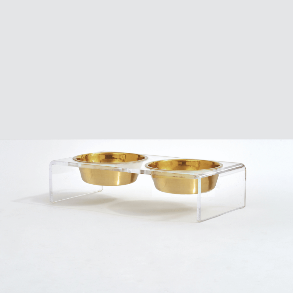 Hiddin Small Gold Feeder – Lucite Stand with Stainless Steel Bowls – alternate view 4