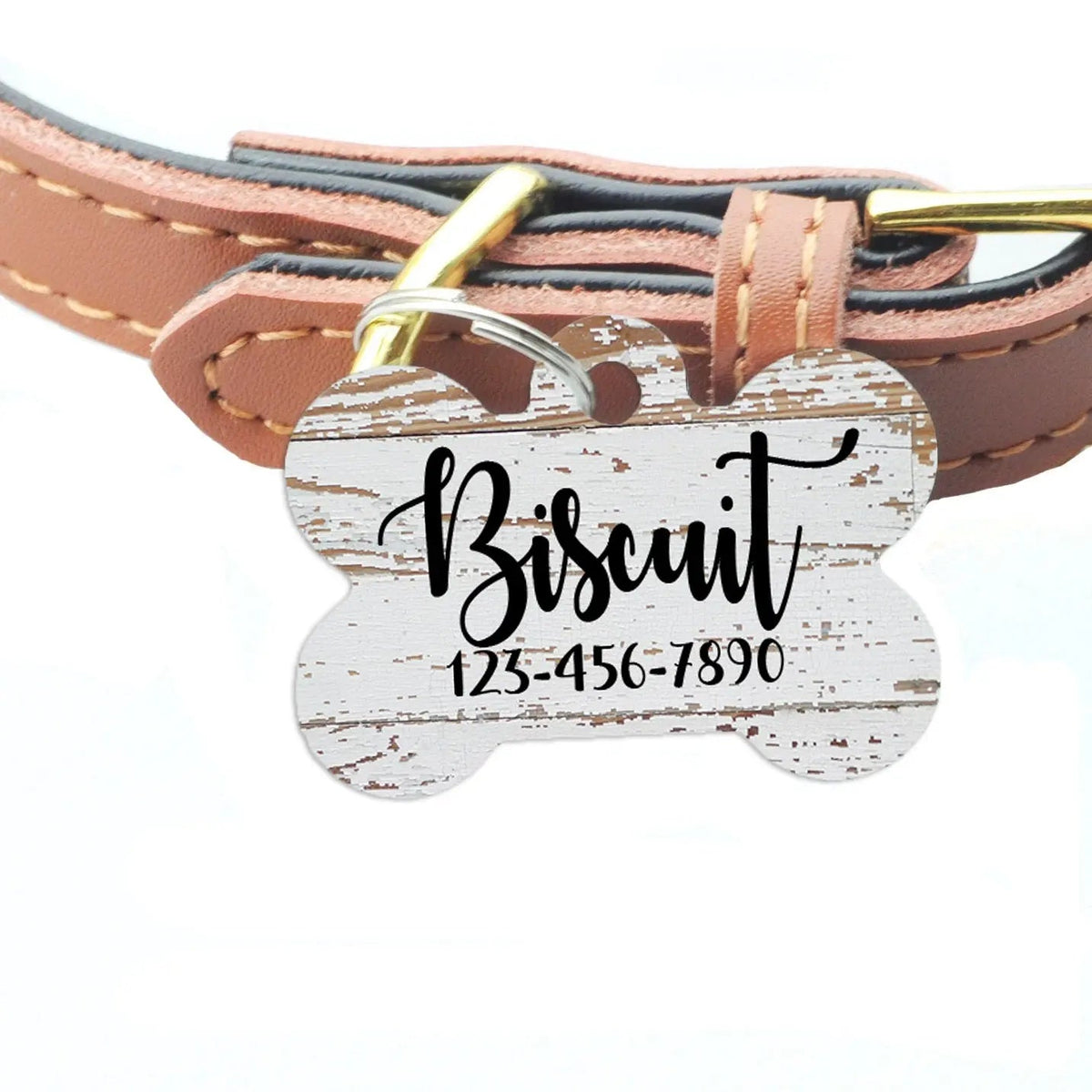 Custom Dog ID Tag – Weathered Wood Pattern, Personalized Name Tag – front view