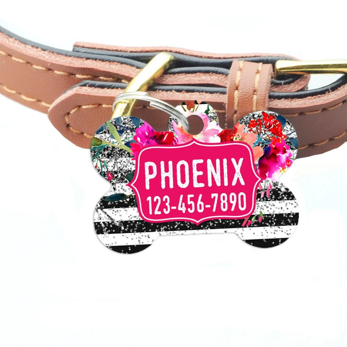 Floral Dog ID Tag – Watercolor Rose, Silver Glitter Personalized Tag – front view