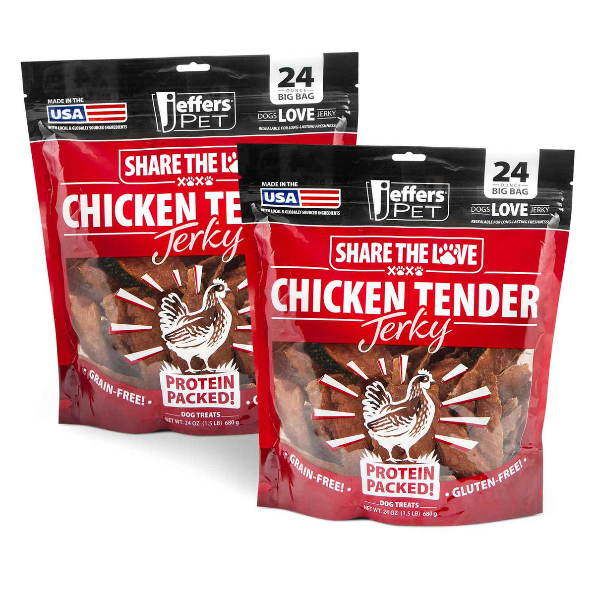 Jeffers high protein chicken jerky dog treats 24 oz, treat size reference