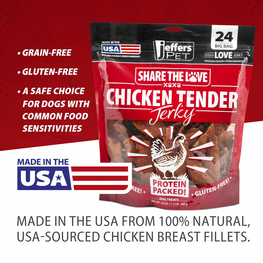 Jeffers high protein chicken jerky dog treats 24 oz, dog enjoying chicken jerky treat
