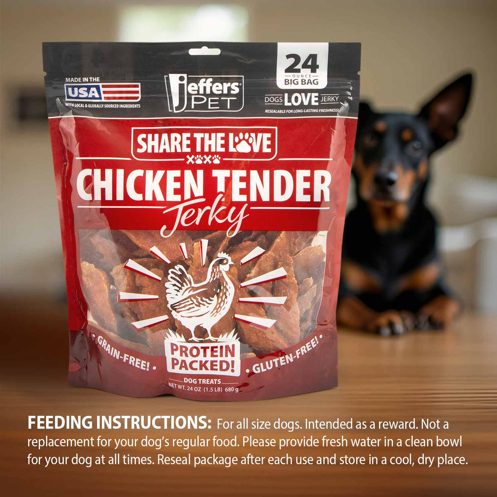 Jeffers high protein chicken jerky dog treats 24 oz, feeding directions panel