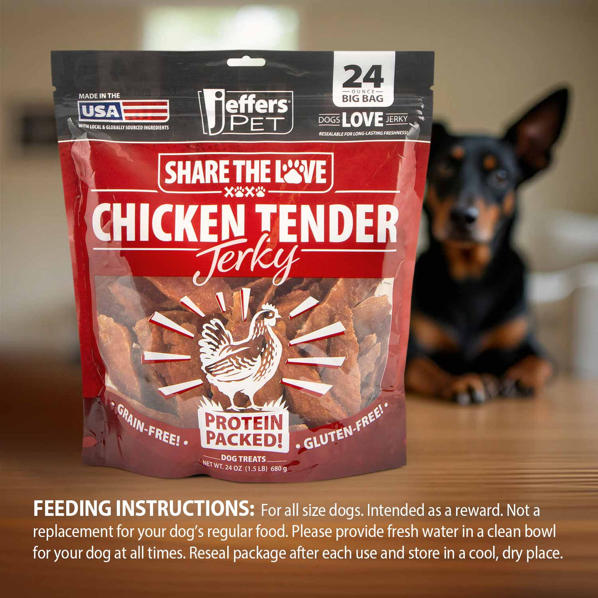 Jeffers high protein chicken jerky dog treats 24 oz, feeding directions panel
