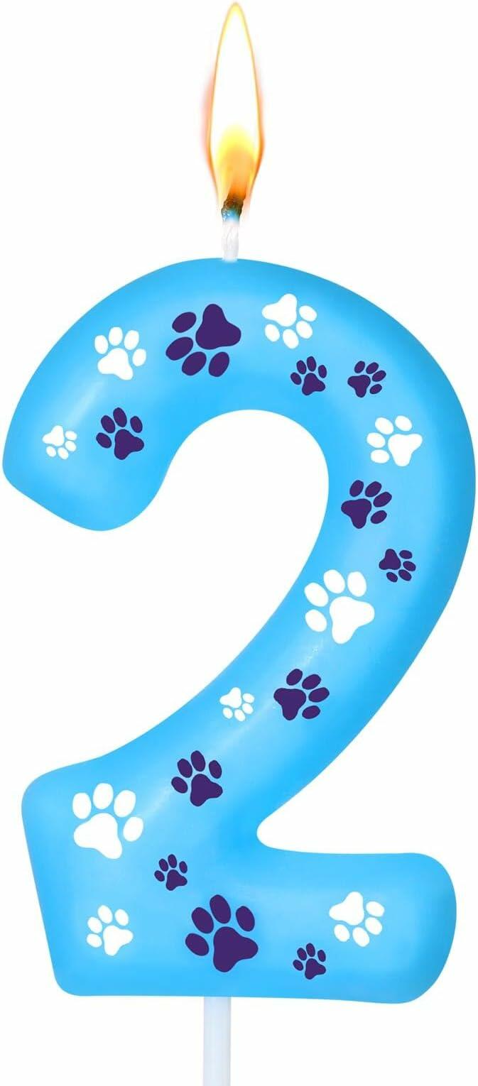 Blue Paw Print Dog Birthday Candle – Number 2 – front view