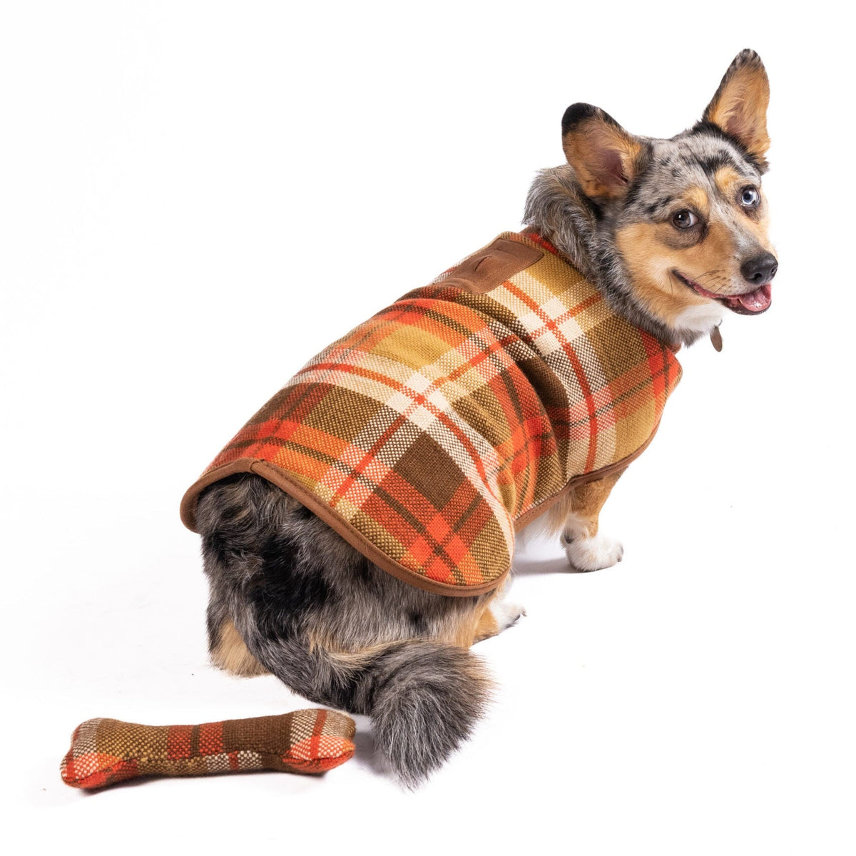 Rust Plaid Dog Coat Fleece Lined with Harness Hole and Faux Leather Trim – photo 3 of 7
