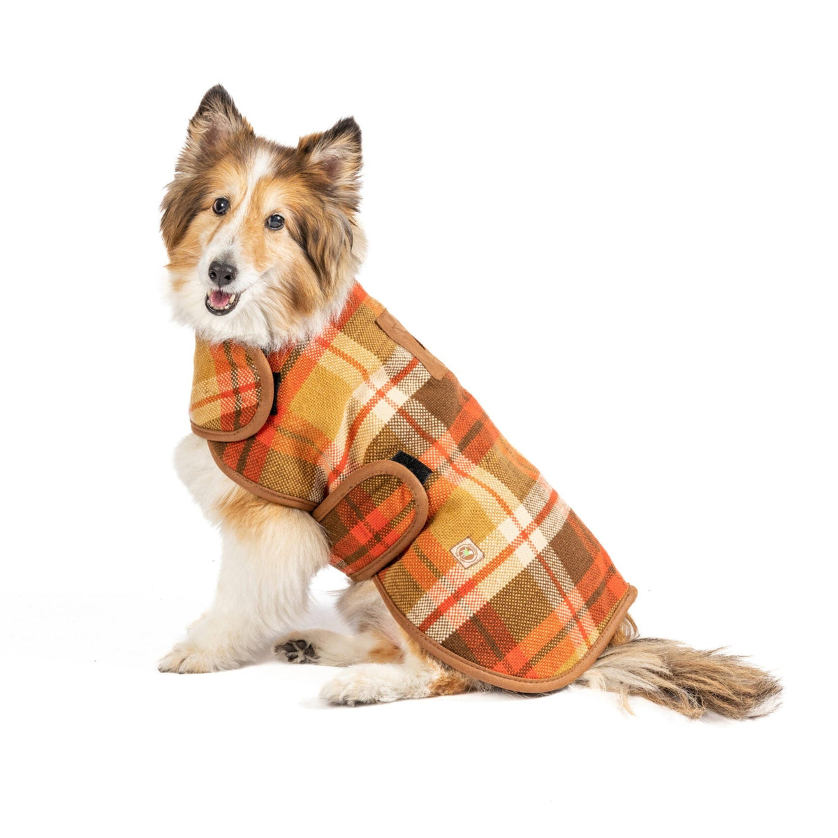 Rust Plaid Dog Coat Fleece Lined with Harness Hole and Faux Leather Trim – photo 5 of 7