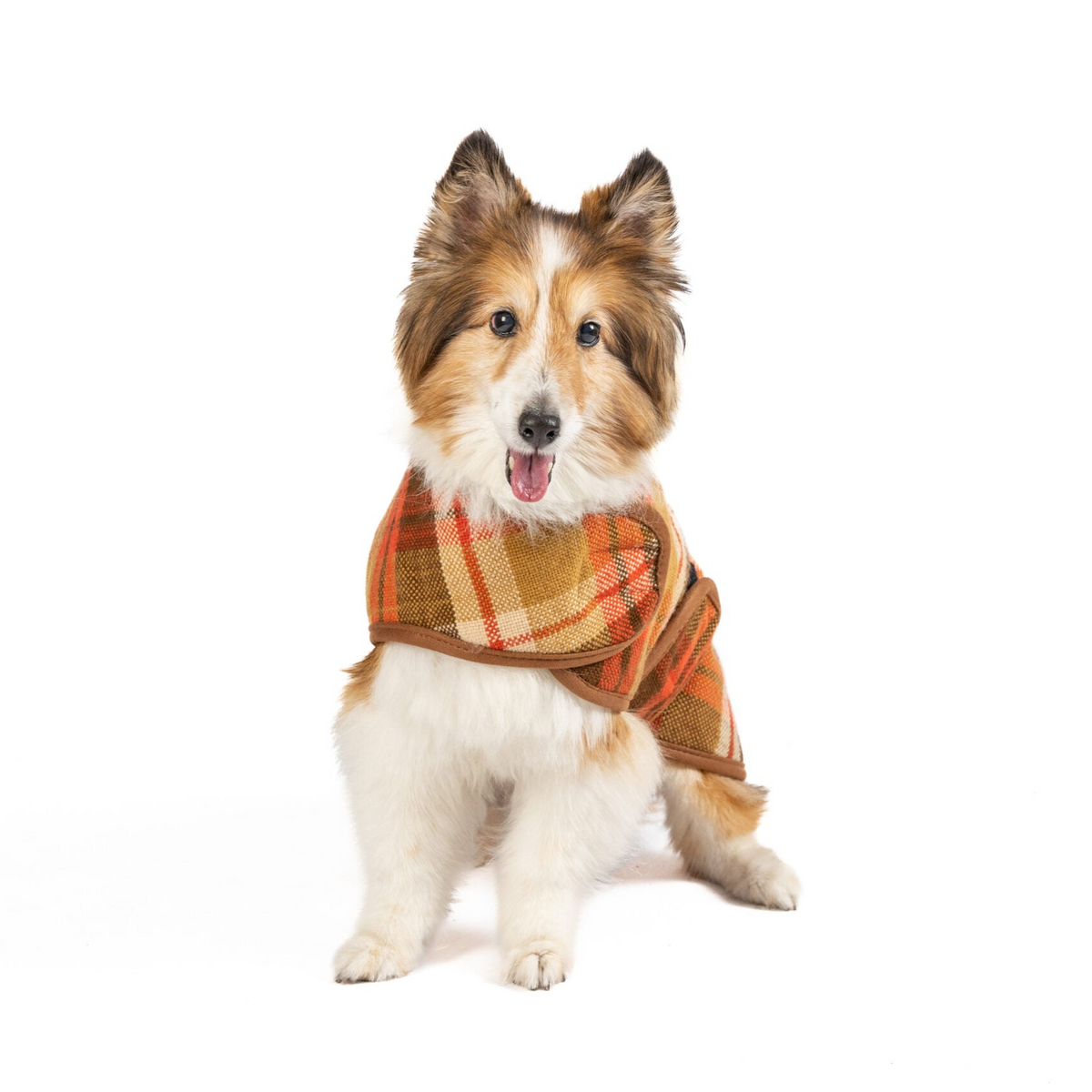 Rust Plaid Dog Coat Fleece Lined with Harness Hole and Faux Leather Trim – photo 4 of 7