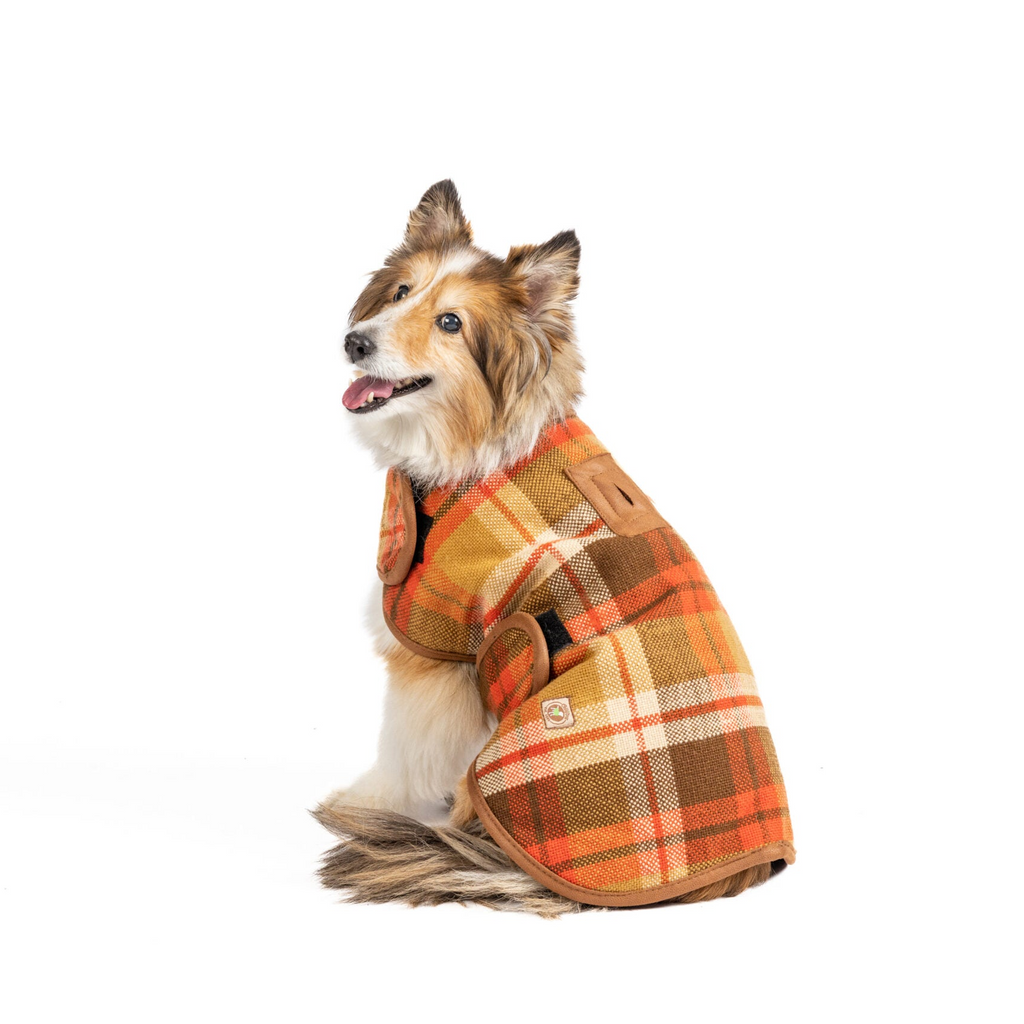 Rust Plaid Dog Coat Fleece Lined with Harness Hole and Faux Leather Trim – photo 6 of 7