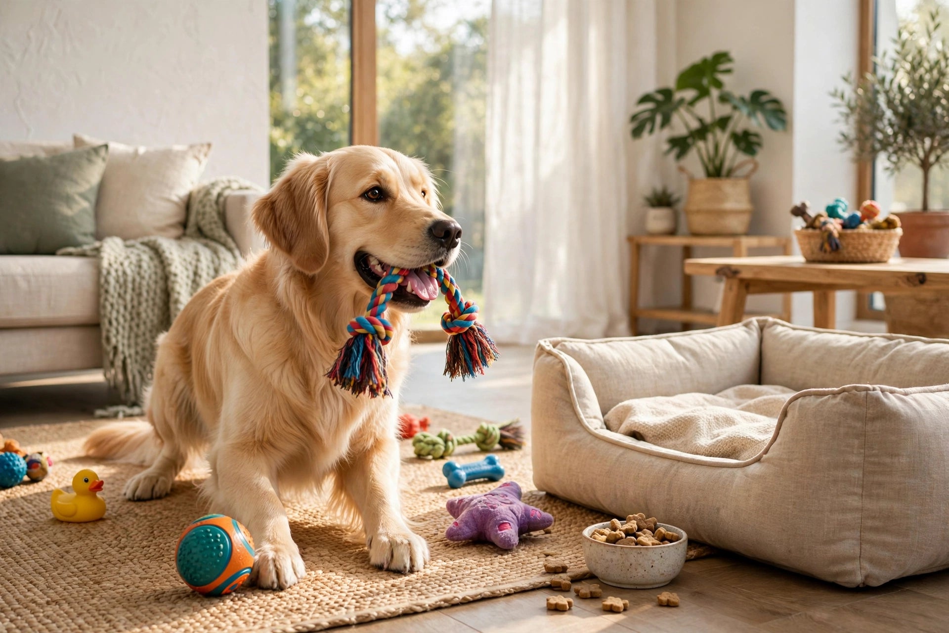 Happy golden retriever playing with dog toys next to a cozy dog bed