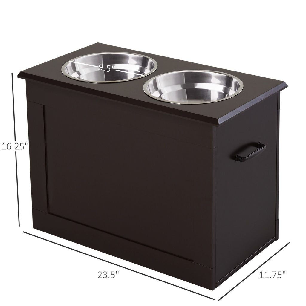 PawHut Raised Dog Feeding Station with Storage & 2 Stainless Steel Bowls – Dark Brown – alternate view 3
